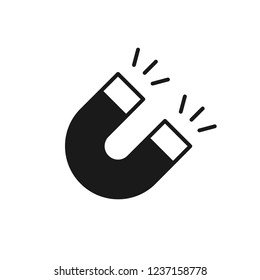 Black isolated icon of magnet on white background. Silhouette of magnet. Flat design. Symbol of gravity, attraction.
