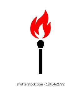 Black isolated icon of matchstick with red fire on white background. Silhouette of match stick with red flame. Flat design