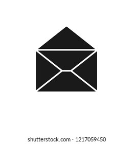 Black isolated icon of opened envelope on white background. Silhouette of postal envelope. Mail, email. Flat design