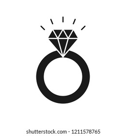 Black isolated icon of ring with diamond on white background. Silhouette of wedding ring. Flat design.