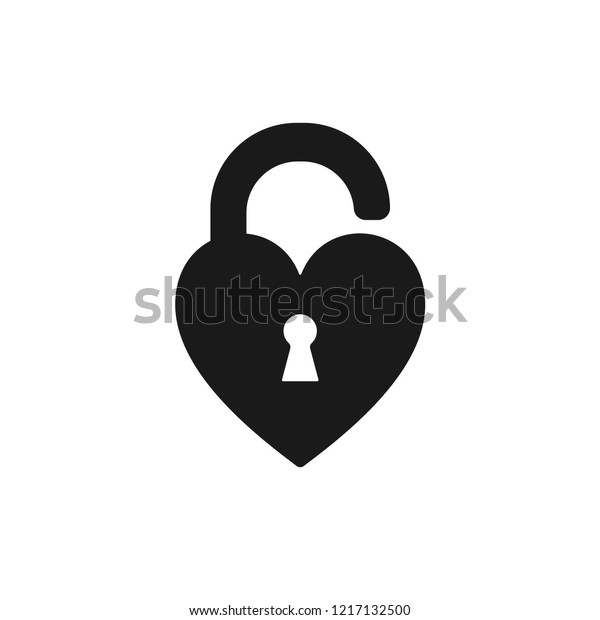 Black isolated icon of unlocked heart shape lock\
on white background. Silhouette of unlocked heart shape lock. Flat\
design