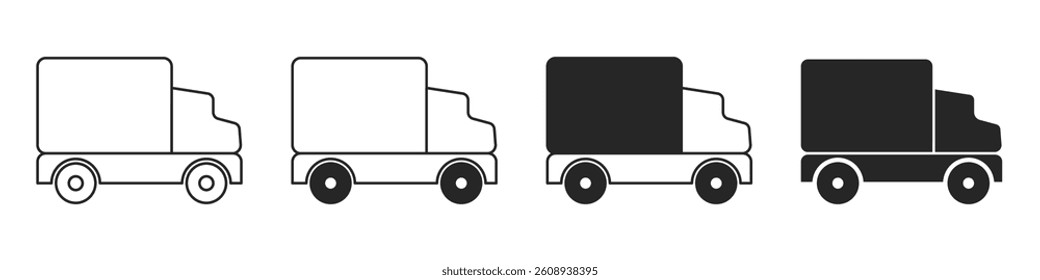Black isolated illustration set of 4 truck transport delivery silhouettes. Vector icons in flat style