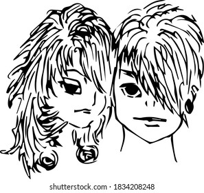 black isolated linear silhouettes of a man and a woman on a white background. red stripe. portrait of a boy and a girl. emo culture