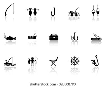black isolated  objects with fishing icons set