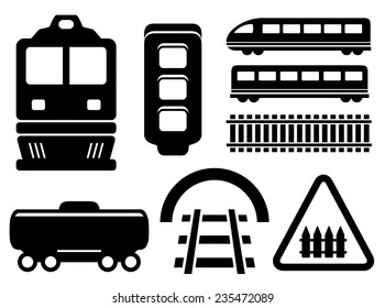 black isolated objects for rail road icons set