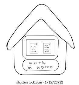 Schwarze einzelne Umrisse des Computers im Haus auf weißem Hintergrund. Auf der Tastatur schreiben Sie "Arbeit zu Hause". Sie können es als Banner und Button, Icon verwenden.