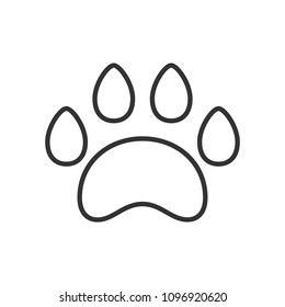 Black isolated outline icon of animal  paw track on white background. Line Icon of animal foot print.