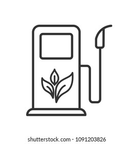 Icono de contorno aislado negro de la bomba de combustible biológico sobre fondo blanco. Icono de línea de la estación de biocombustible.