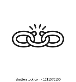 Black isolated outline icon of broken chain on white background. Line Icon of chain. Weak link.

