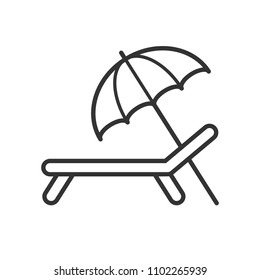 Black isolated outline icon of chaise lounge with umbrella on white background. Line Icon of chaise longue.