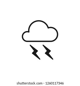 Black isolated outline icon of cloud with lightning on white background. Line Icon of thunder.