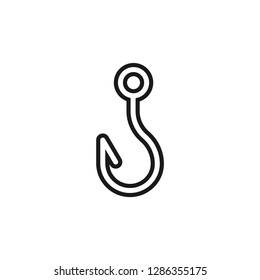 Black isolated outline icon of fish hook on white background. Line Icon of fish hook, angle.