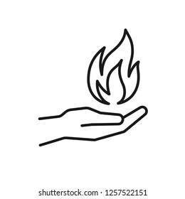 Black isolated outline icon flame in hand white background  Line icon fire   hand  Symbol healing 
