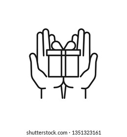 Black isolated outline icon of gift box in hands on white background. Line icon of gift box and two open hands. Give, make a present.