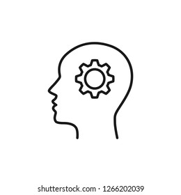 Black isolated outline icon of head of man and cogwheel on white background. Line icon of head and gear wheel. Flat design.