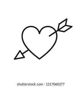 Black isolated outline icon of heart pierced by arrow on white background. Line Icon of heart with arrow. Symbol of love and passion