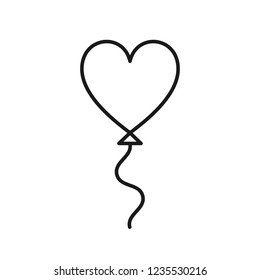 Black isolated outline icon of heart shape balloon on white background. Line Icon of heart shape balloon.