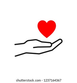 Black isolated outline icon of heart in hand on white background. Line Icon of red heart and hand. Symbol of care, love, charity.