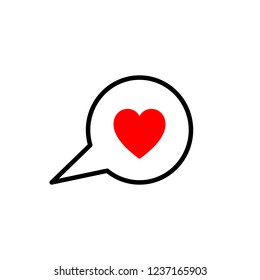 Black isolated outline icon of heart in speech bubble on white background. Line Icon of red heart in speech bubble.