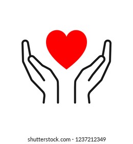 Black isolated outline icon of heart in hands on white background. Line icon of red heart and hands. Symbol of care, love, charity.