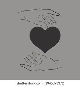 Black isolated outline icon of heart in hands.Symbol of care, love, charity.