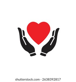 Black isolated outline icon of heart in hands on white background. Line icon of heart and hands. Symbol of care, love, charity.