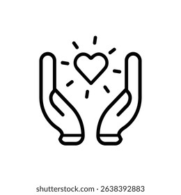 Black isolated outline icon of heart in hands on white background. Line icon of heart and hands. Symbol of care, love, charity.