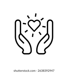 Black isolated outline icon of heart in hands on white background. Line icon of heart and hands. Symbol of care, love, charity.