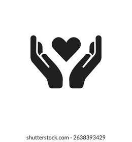 Black isolated outline icon of heart in hands on white background. Line icon of heart and hands. Symbol of care, love, charity.