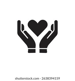 Black isolated outline icon of heart in hands on white background. Line icon of heart and hands. Symbol of care, love, charity.