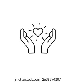 Black isolated outline icon of heart in hands on white background. Line icon of heart and hands. Symbol of care, love, charity.