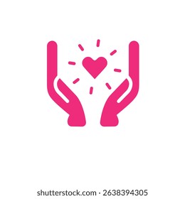 Black isolated outline icon of heart in hands on white background. Line icon of heart and hands. Symbol of care, love, charity.