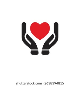Black isolated outline icon of heart in hands on white background. Line icon of heart and hands. Symbol of care, love, charity.