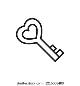 Black isolated outline icon of key in heart shape on white background. Line Icon of key. Symbol of love.