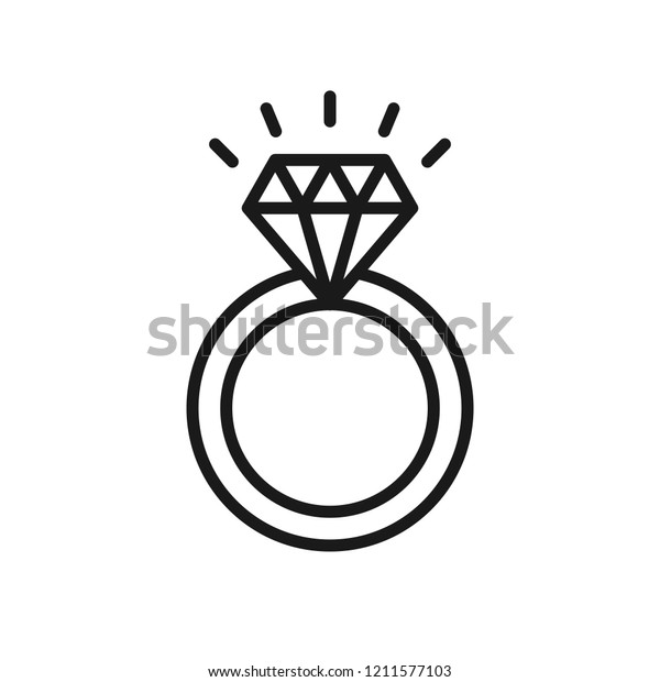 Black isolated outline icon\
of ring with diamond on white background. Line Icon of wedding\
ring.\
