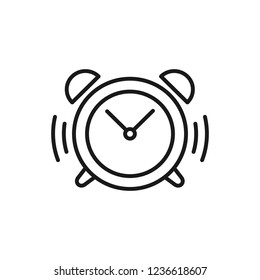 Black isolated outline icon of ringing alarm clock on white background. Line Icon of ringing alarm clock.
