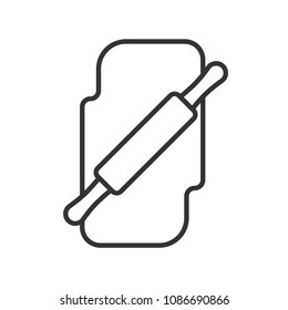 Black isolated outline icon of rolling pin with dough on white background. Line Icon of rolling-pin with pastry.