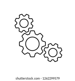 Black isolated outline icon of three cogwheels on white background. Line icon of gear wheel. Settings.