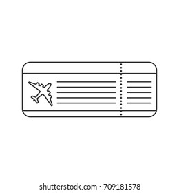Black isolated outline icon of ticket for the flight on white background. Line Icon of ticket of airplane.