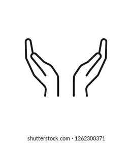 Black Isolated Outline Icon Of Two Hands On White Background. Line Icon Of Two Hands.