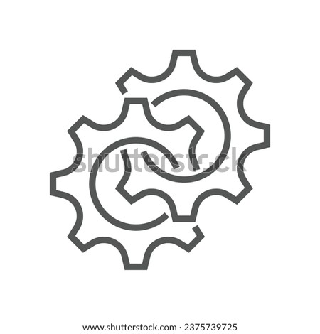 Black isolated outline icon of two cogwheels on white background. Line icon of gear wheel. Editable Stroke. EPS 10