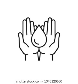 Black Isolated outline icon of water drop in two hands on white background. Line icon of aqua drop and hands. Symbol of care, charity. Save water.