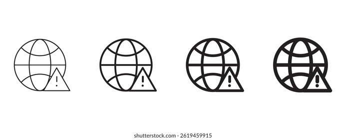 Black isolated outlined illustration of globe network and exclamation mark 4 versions. Vector icon in flat style