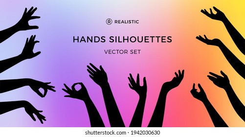 Black Isolated People Hands. Silhouettes of Hand Gesture. Vector Minimalist Realistic Illustrations Set.