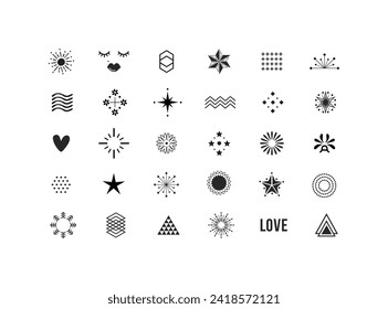 Black isolated random cute graphic emblems and different shapes decoration sign and symbol icons set design elements on white background 