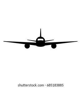 Black isolated silhouette of airplane on white background. Front view of aeroplane.