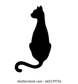 Black Isolated Silhouette Of Back Sitting Cat With Turned Head On White Background.