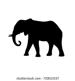 Black isolated silhouette of elephant on white background. Side view