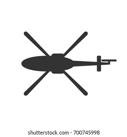 Black isolated silhouette of helicopter on white background. Icon of above view of helicopter