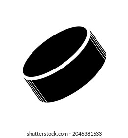 Black isolated silhouette of a hockey puck. Icon. Vector illustration of hockey equipment on a white background. Use as a sticker, backing, mockup, souvenir, for sale, tattoo, laser cut, etc.